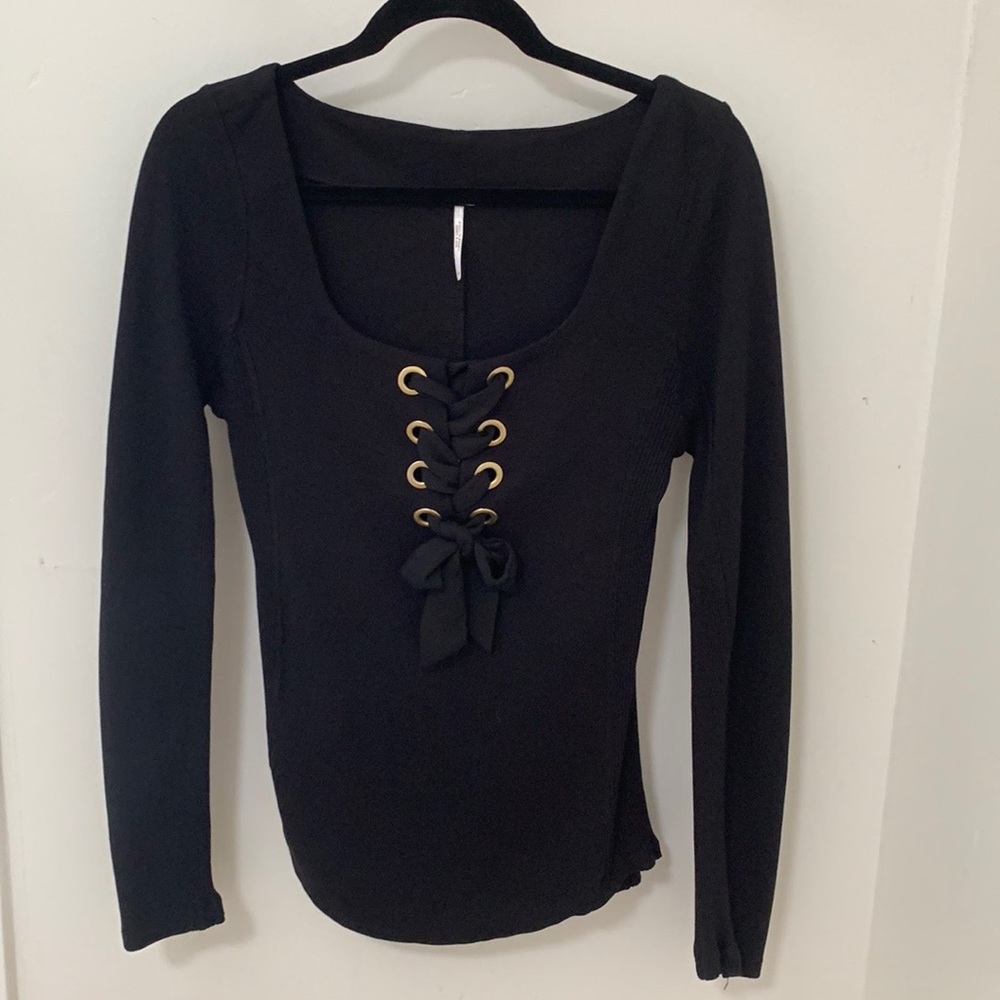 Free People Black Long Sleeve Lace-Up Top